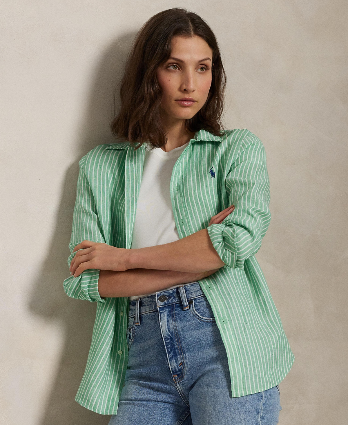 Polo Ralph Lauren Women's Classic-Fit Striped 100% Linen Shirt - Green/White | Macy's
