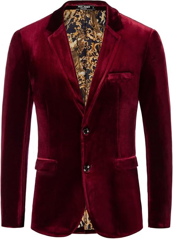 PJ PAUL JONES Mens Velvet Blazer Two Button Solid Slim Fit Blazer Sport Coat for Dinner Prom Wedding | Amazon (US)