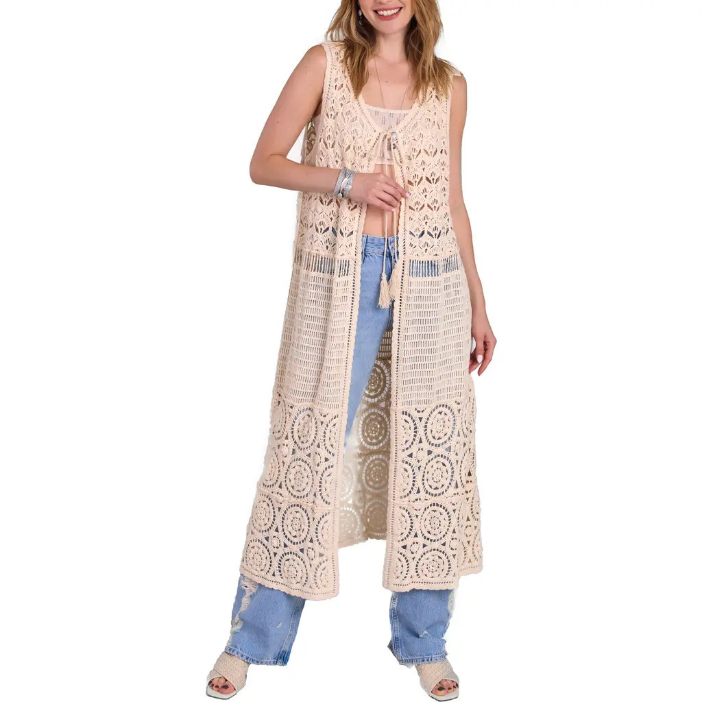 SAACHI Crochet Longline Duster Cardigan in Ivory at Nordstrom Rack | Nordstrom Rack