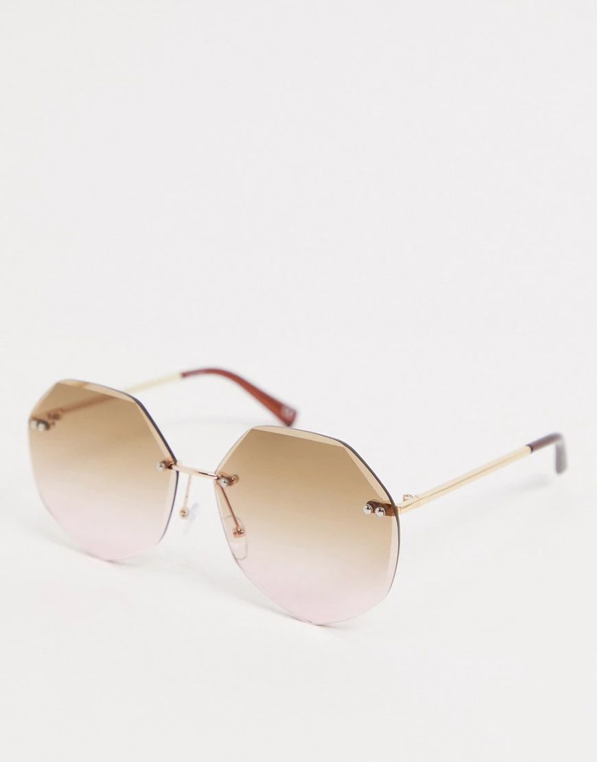 ASOS DESIGN oversized 70s rimless bevel sunglasses in pink fade lens-Gold | ASOS (Global)
