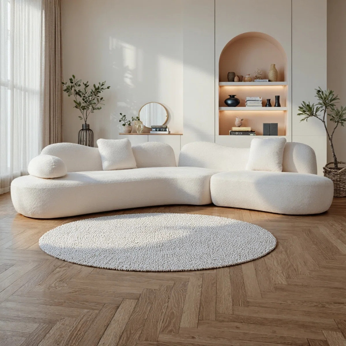 128" Modern Curved Sectional Sofa, Butterfly Backrest, Boucle 5-Seater With 3 Pillows, Solid Wood... | Wayfair North America