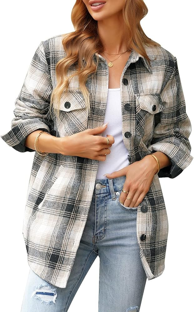 GRAPENT Women's Oversized Plaid Button Down Shirt Quilted Lined Shacket Jacket | Amazon (US)