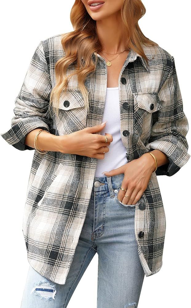 GRAPENT Women's Oversized Plaid Button Down Shirt Quilted Lined Shacket Jacket | Amazon (US)
