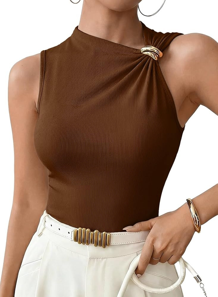 EVALESS Womens Sleeveless Asymmetric Neck Tank Tops Elegant Metal Decor Ribbed Fitted Summer Basi... | Amazon (US)