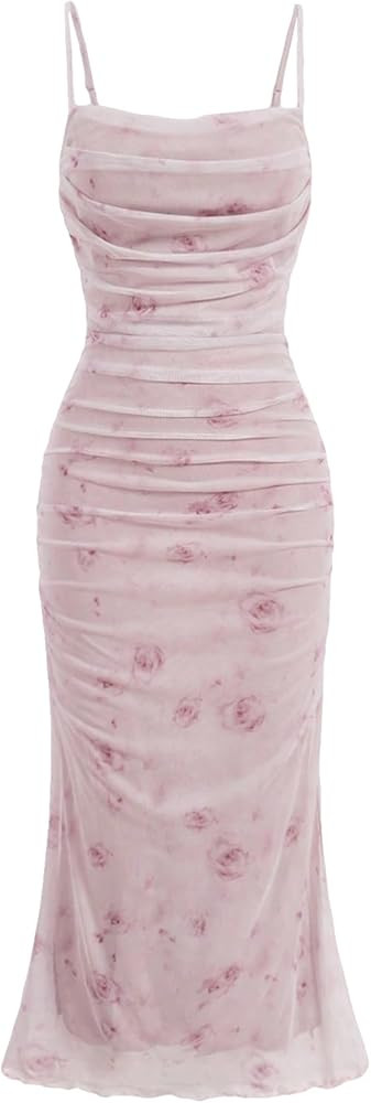 SOLY HUX Women's Floral Print Mesh Ruched Bodycon Cami Dress Spaghetti Strap Summer Long Dresses | Amazon (US)