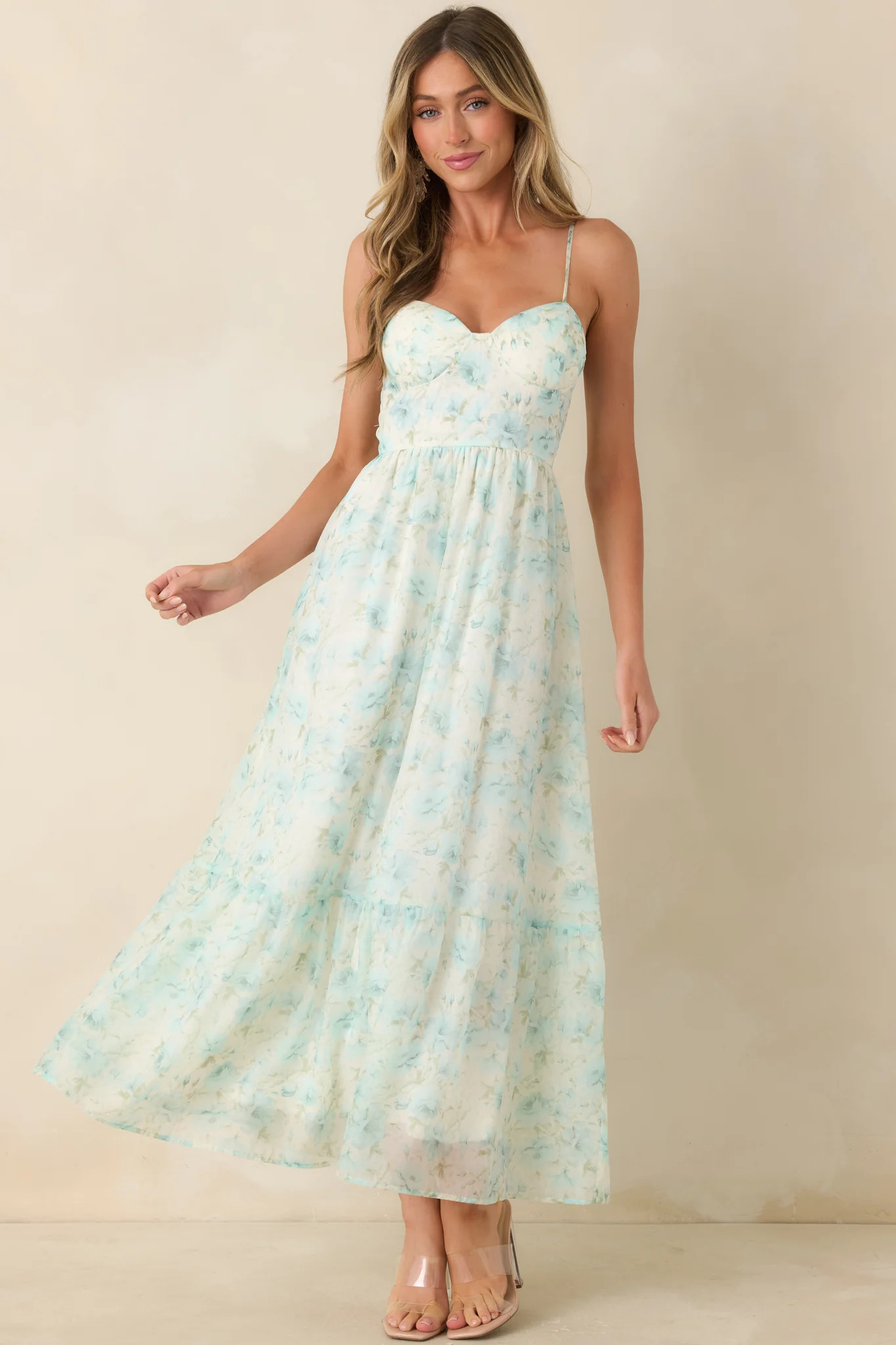 Love Me Softly Aqua Blue Floral Bustier Maxi Dress | Red Dress