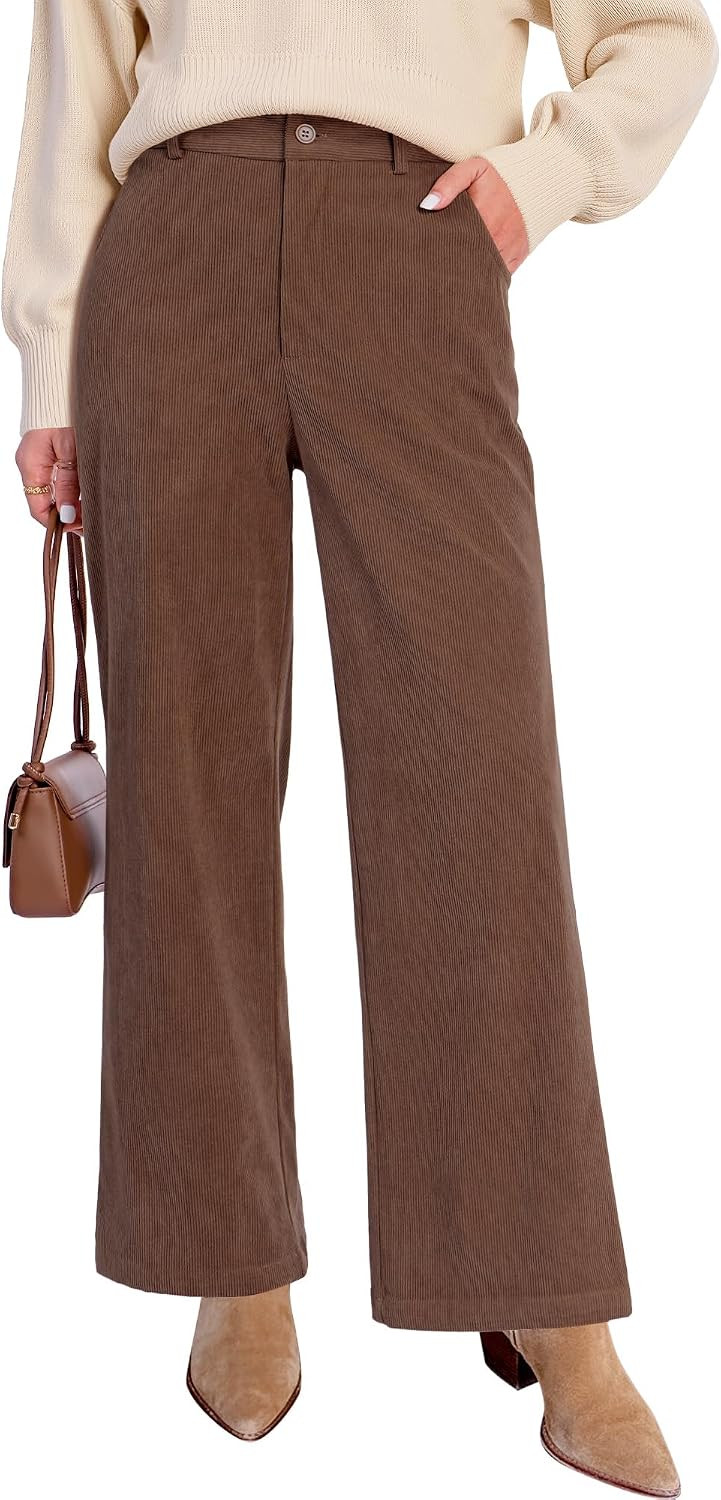 GRAPENT Corduroy Wide Leg Pants Woman High Waisted Fall Business Casual Elastic Waist Loose Trendy Trousers with Pockets | Amazon (US)