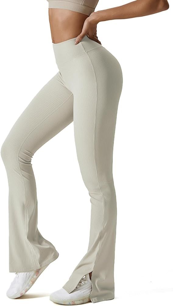 Challengym Womens Ribbed Flared Leggings Slit Hem High Waist Bootcut Yoga Pants Workout Bootleg P... | Amazon (CA)