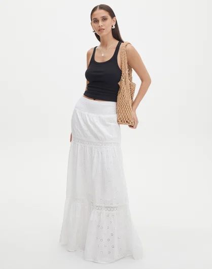 Broderie Tiered Shirred Maxi Skirt in White | Glassons | Glassons (Australia)