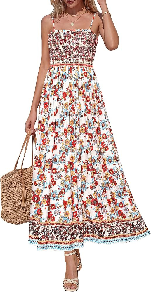 PRETTYGARDEN Womens Floral Maxi Dress Boho Casual 2026 Summer Spaghetti Strap Smocked Sleeveless ... | Amazon (US)
