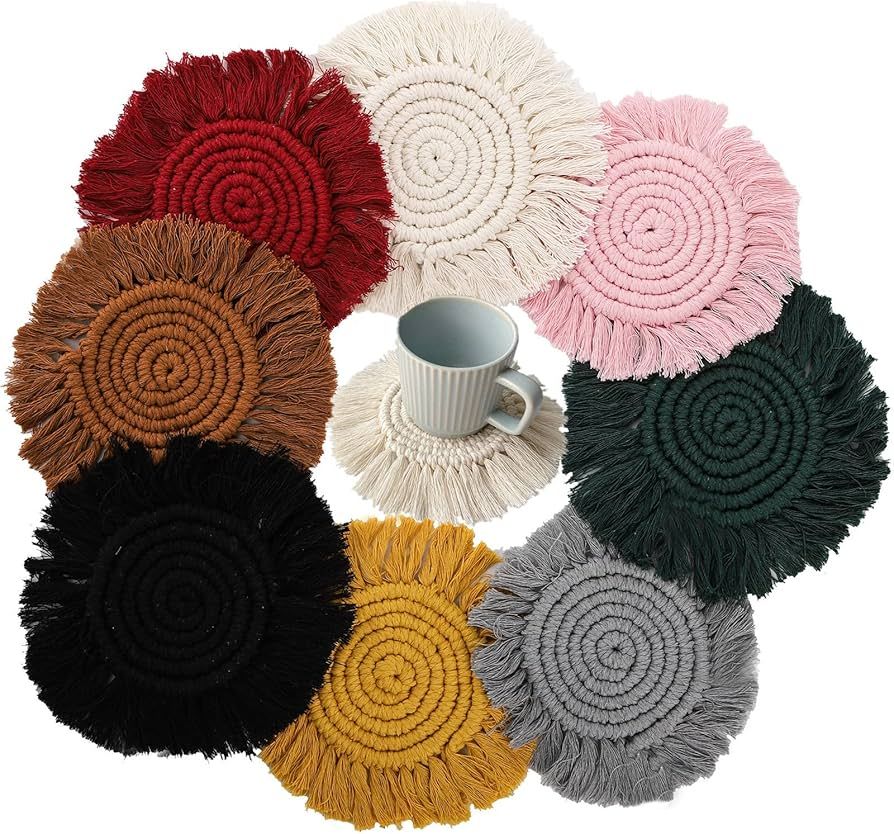 ZOOFOX Set of 8 Coasters for Drinks, Round Woven Absorbent Coasters with Tassels, Boho Decor Macr... | Amazon (US)