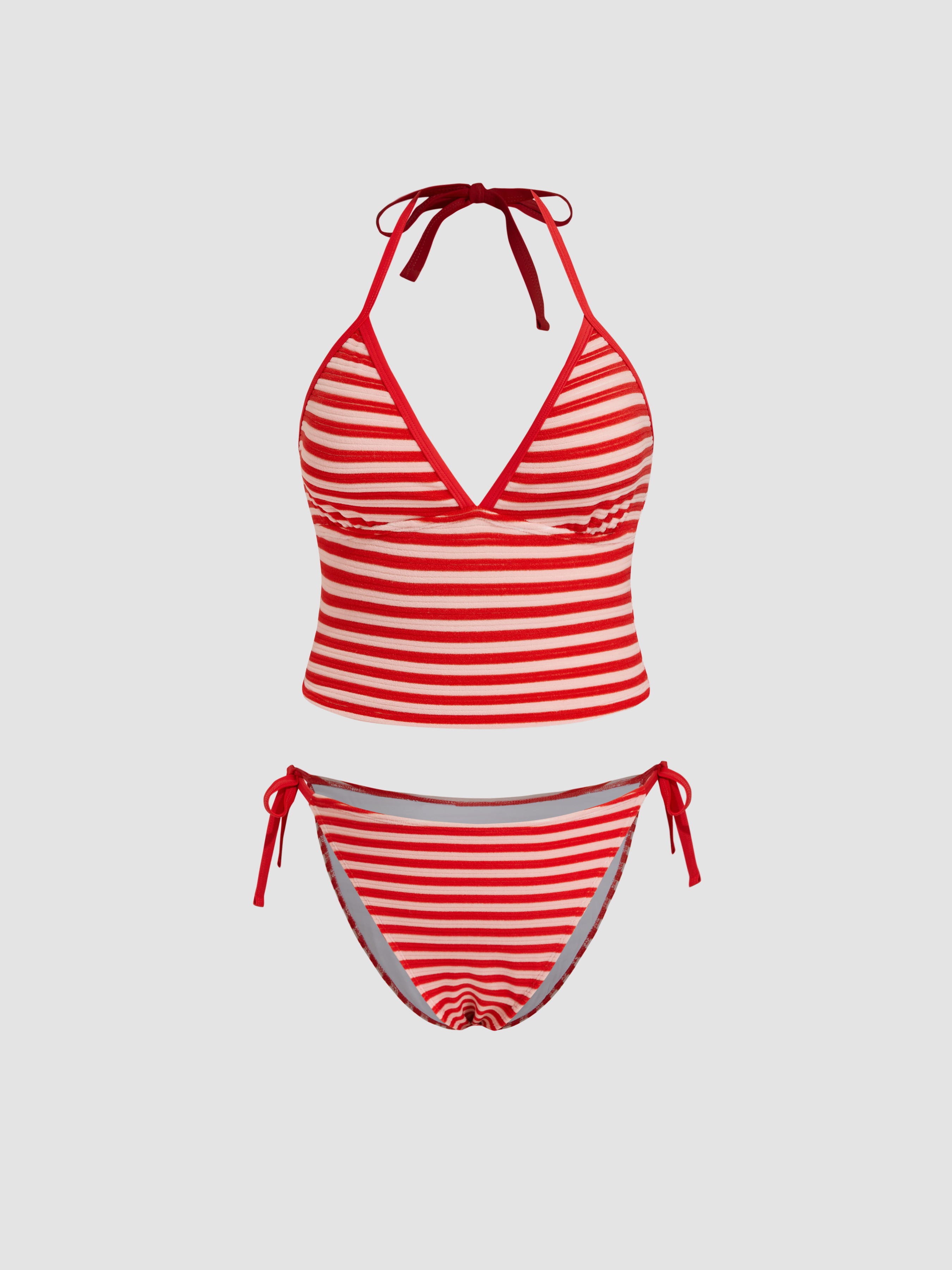 V-neck Stripe Knotted Halter Tie Side Tankini Bikini Set Curve & Plus | Cider