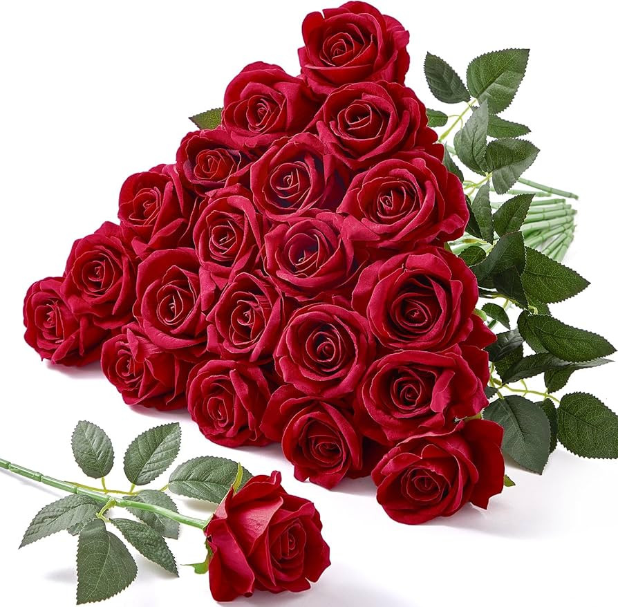 Serwalin 20pcs Red Roses Artificial Flowers, 4'' Big Velvet Flower Head Fake Roses, Realistic Sil... | Amazon (US)