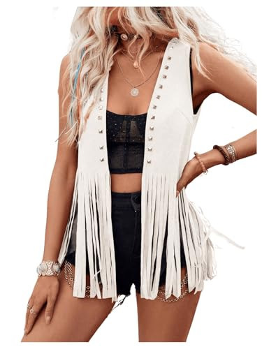 GORGLITTER Women's Fringe Vest Sleeveless 70s Hippie Faux Suede Tassel Jacket Cardigan White Small | Amazon (US)