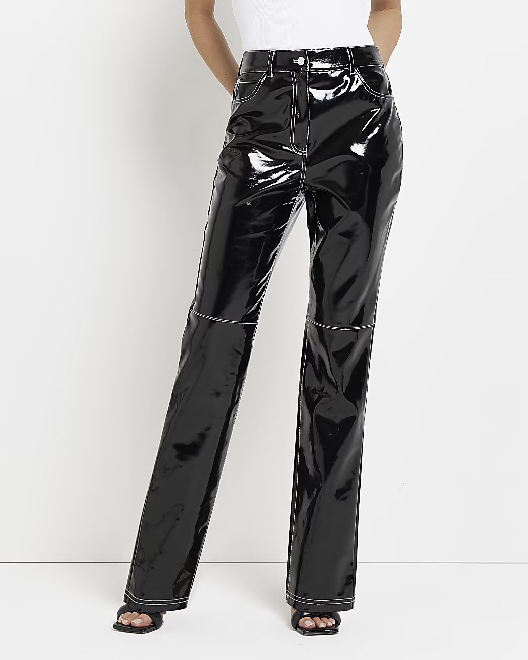 River Island Womens Black faux leather vinyl straight pants | River Island (US)