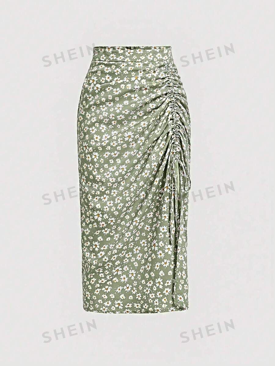 SHEIN MOD Ditsy Floral Print Drawstring Ruched Summer Green Skirt | SHEIN
