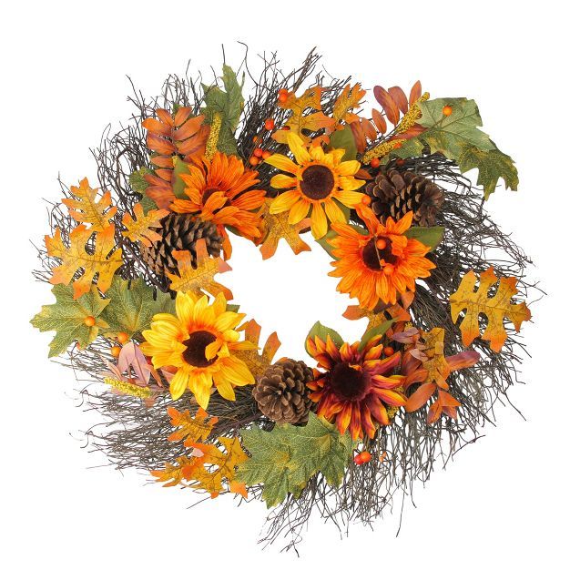 Northlight Sunflowers and Pine Cones Fall Artificial Thanksgiving Wreath - 24-Inch, Unlit | Target