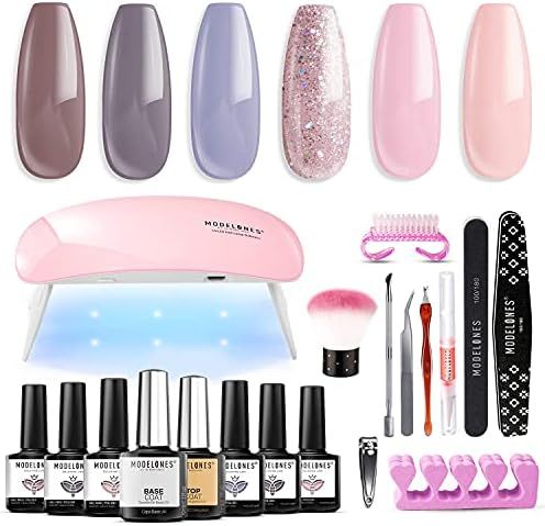 Gel Nail Polish Kit with U V Light 6W Nail Dryer Lamp 6Pcs Pink Brown Nude Glitter Gel Nail Polis... | Amazon (US)