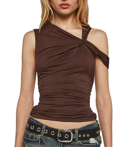 EeAmzQc Brown Twist Strap One Shoulder Sexy Crop Tank Tops for Women Asymmetrical Neck Ruched Slim Y2K Shirt Sleeveless | Amazon (US)