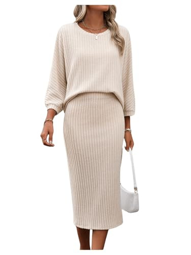 GORGLITTER Women's Knitted Sweater Skirt Set 3/4 Sleeve Pullover Midi Bodycon Skirt Casual Outfits Khaki X-Small | Amazon (US)