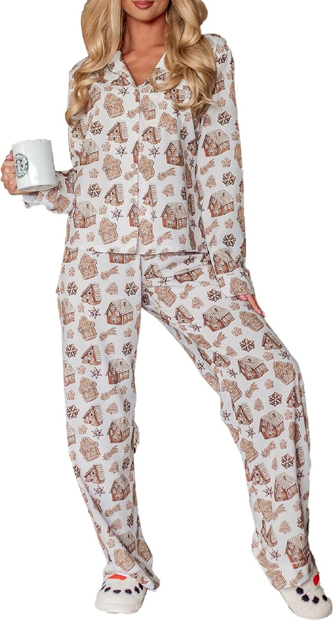 Faretumiya Women Silk Satin Christmas Pajamas Xmas Long Sleeve Sleepwear Holiday Print Two Piece ... | Amazon (US)