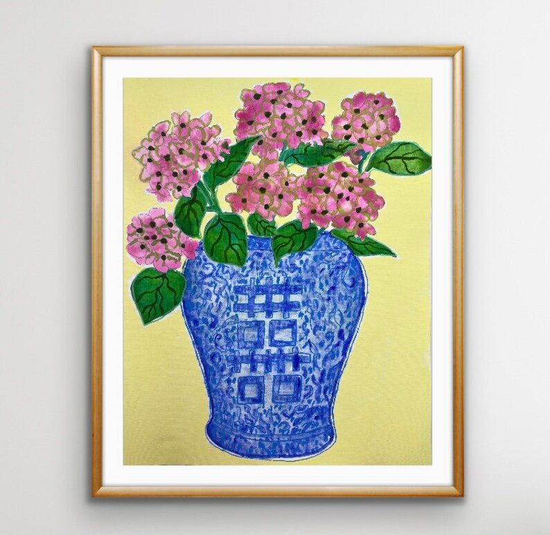 Pink Hydrangeas, 11x14 Watercolor on Paper, Blue and White Jar, Blue and White Ginger Jar, Blue a... | Etsy (US)