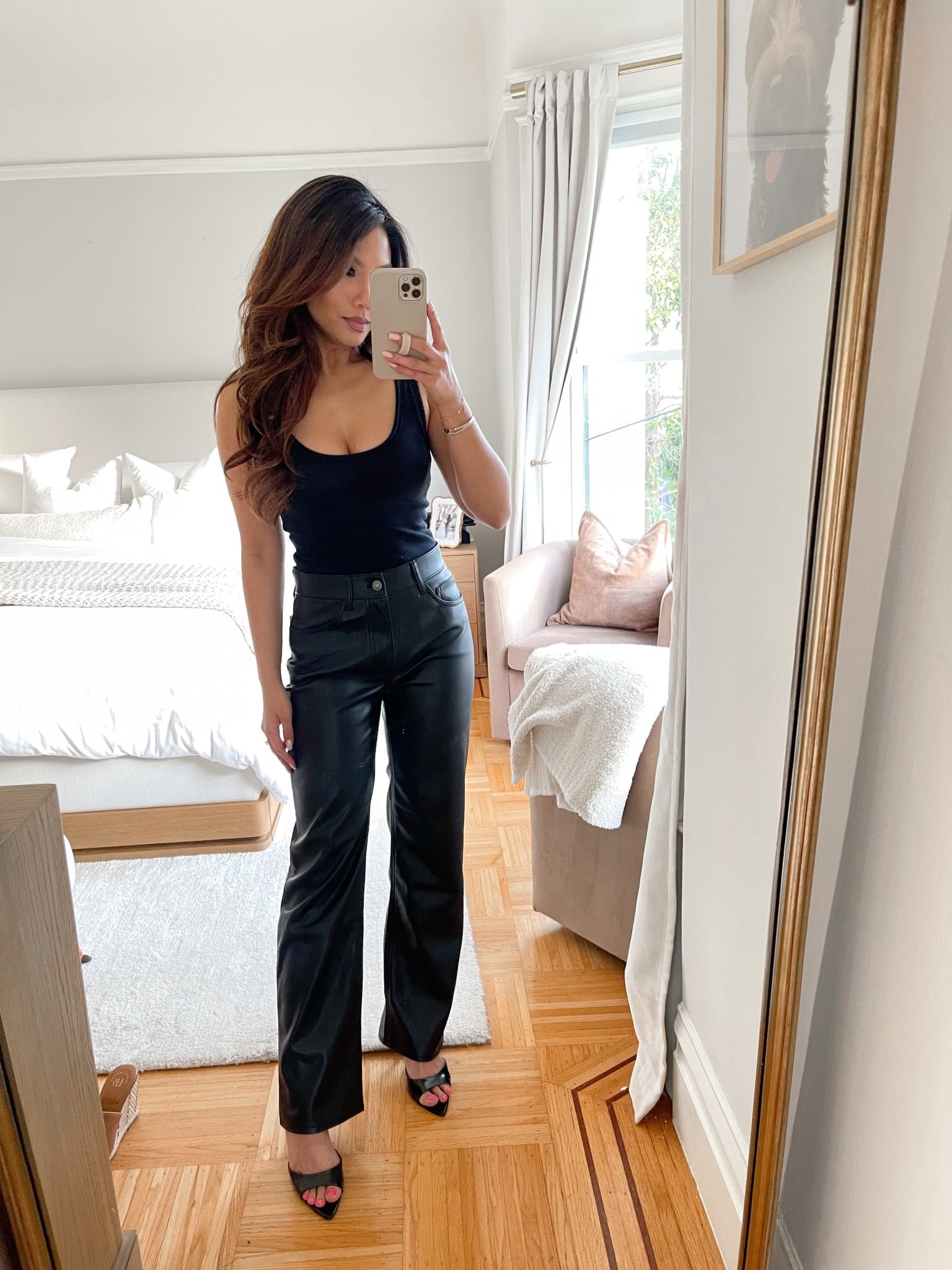 $55 faux leather pants!!

Sizing:
Tank - tts, xs
Pants - tts, 25 short 
Heels - tts 

#LTKFindsUnder100 #LTKSaleAlert #LTKPetite