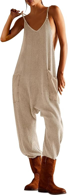 morhuduck Women's Sleeveless Jumpsuits Casual Waffle Knit Rompers V Neck Loose Overalls Spaghetti... | Amazon (US)