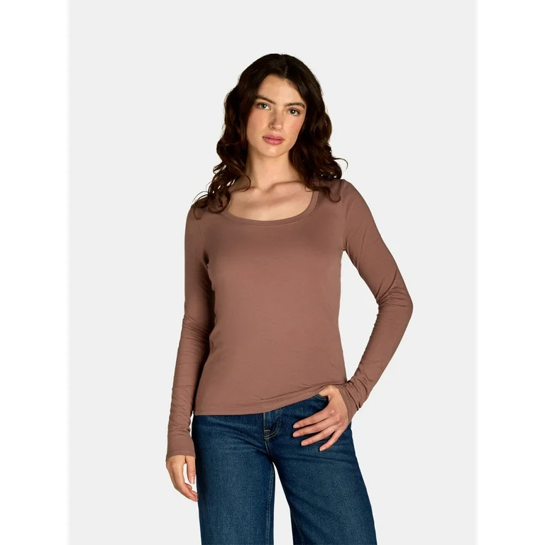 No Boundaries Scoop Neck Everyday Tee with Long Sleeves, Women's | Walmart (US)
