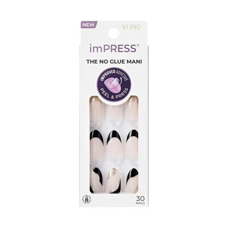 KISS imPRESS no glue needed press on nails french illusion black med almond 30 count | Walmart (US)