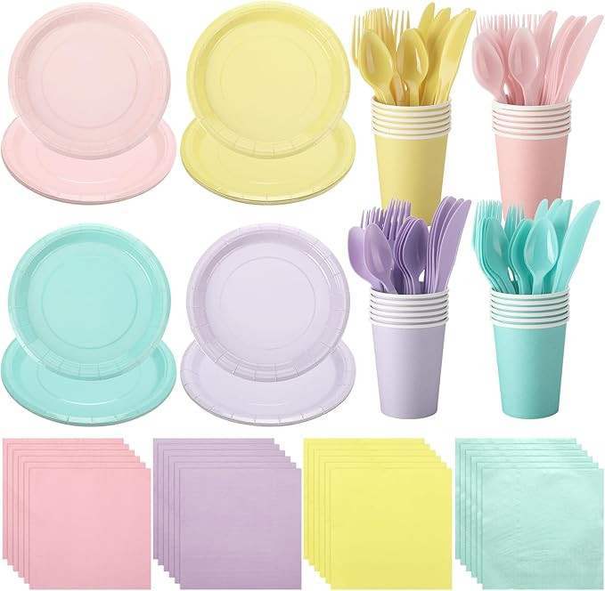 Mifoci 96 Pcs Pastel Disposable Dinnerware Set Include Pastel Paper Plates Cups Napkins Plastic K... | Amazon (US)