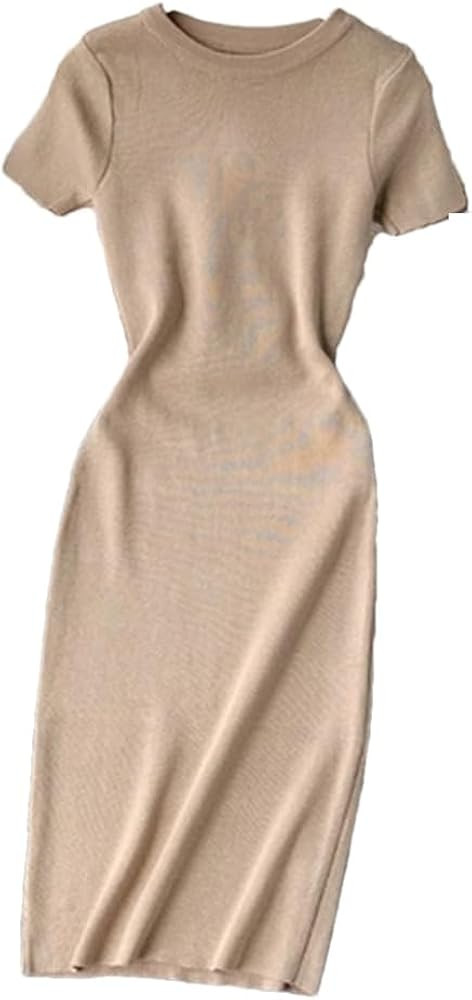 Women O Neck Short Sleeve Solid Vintage Knit Dress Elegant Korean Fashion Trendy Stretch Bodycon ... | Amazon (US)