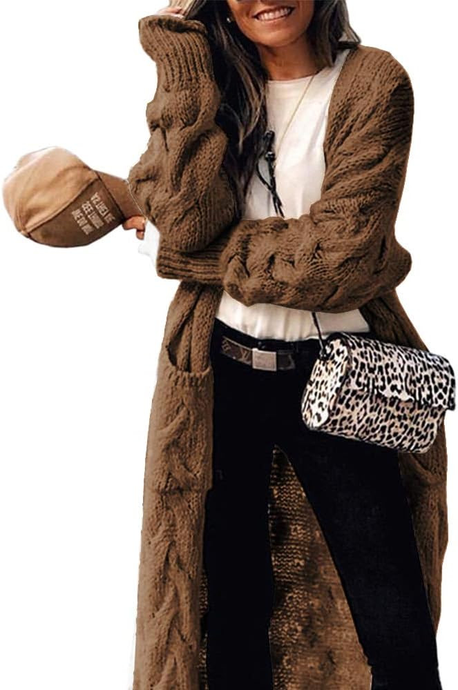 ZIWOCH Women's Long Cardigan Coats Cable Knit Casual Open Front Long Sleeve Loose Sweater with Po... | Amazon (US)