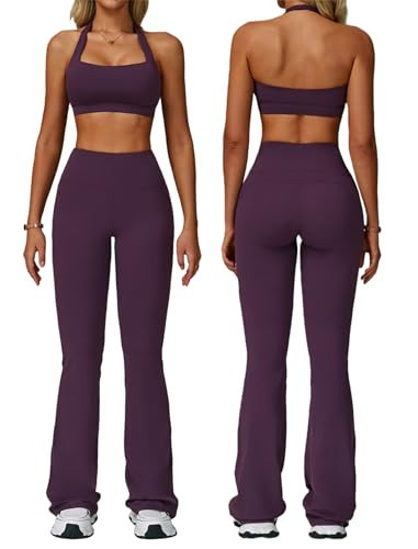 ABOCIW Workout Sets for Women 2 Piece Gym Sets Square Neck Halter Sports Bra High Waist Flared Leggings Yoga Pilates Outfits Athletic Work Out Clothes Plum Purple Small | Amazon (US)