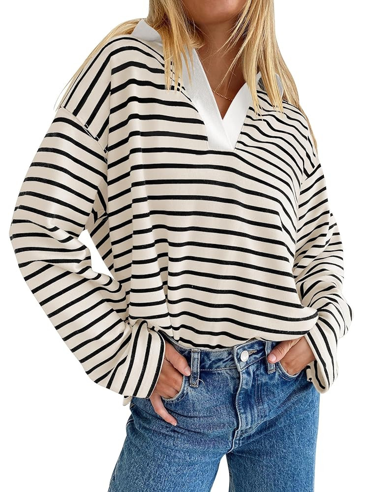 ZESICA Womens Striped Long Sleeve Tops Oversized Sweatshirt V Neck Loose Fit Tunic Tops Spring Ca... | Amazon (US)