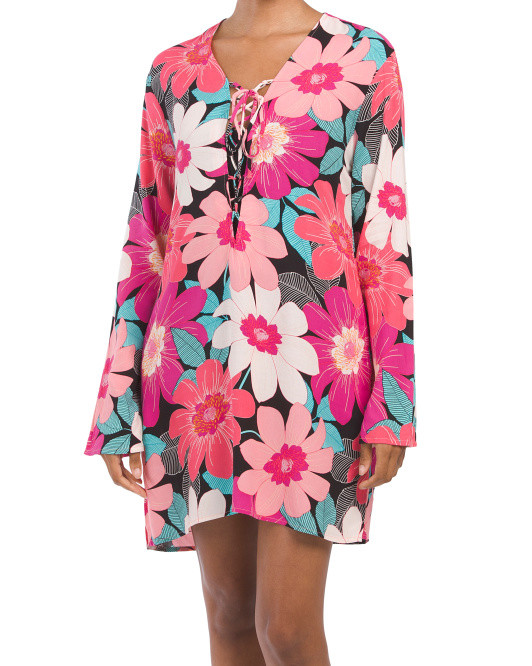 In Full Bloom Lace Up Tunic Cover-up | TJ Maxx