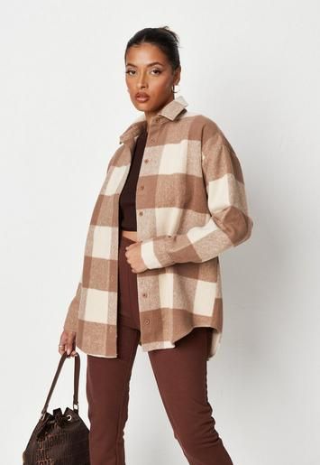 Missguided - Brown Brushed Plaid Shacket | Missguided (US & CA)