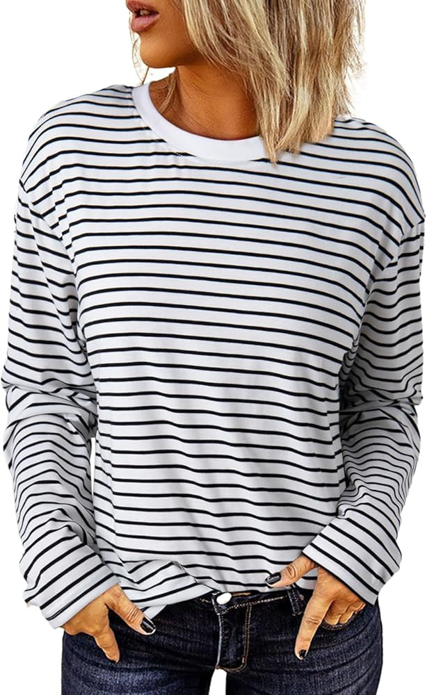 Dokotoo Women's Casual Striped Long Sleeve Tops Crew Neck Knit Basic T Shirts | Amazon (US)