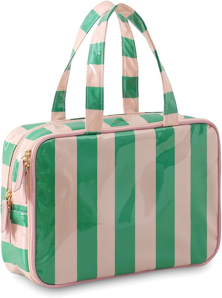 Travel Toiletry Bag for Women, Waterproof Clear Coated Portable Stripe Makeup Cosmetic Bag with C... | Amazon (US)