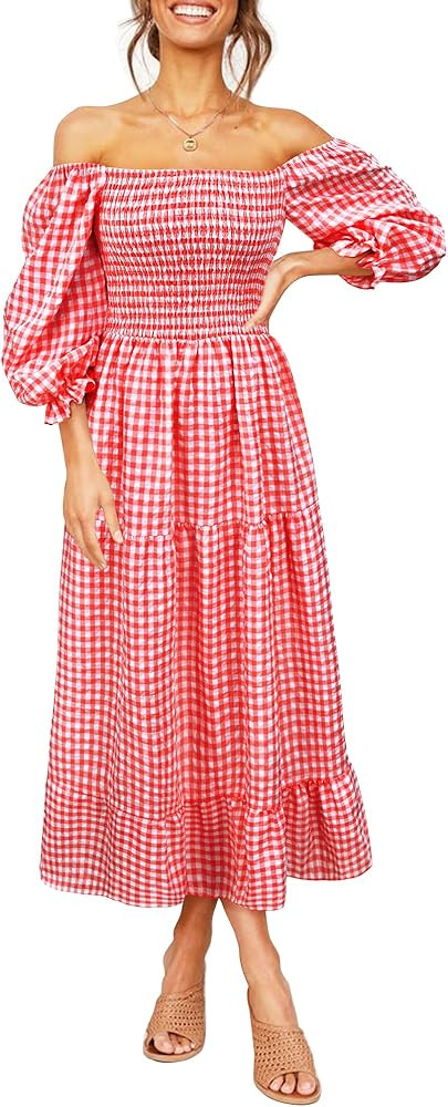 UIMLK Women's Boho Flowy Cottagecore Puff Sleeve Off The Shoulder Summer Casual Plaid Ruffle Midi Lo | Amazon (US)