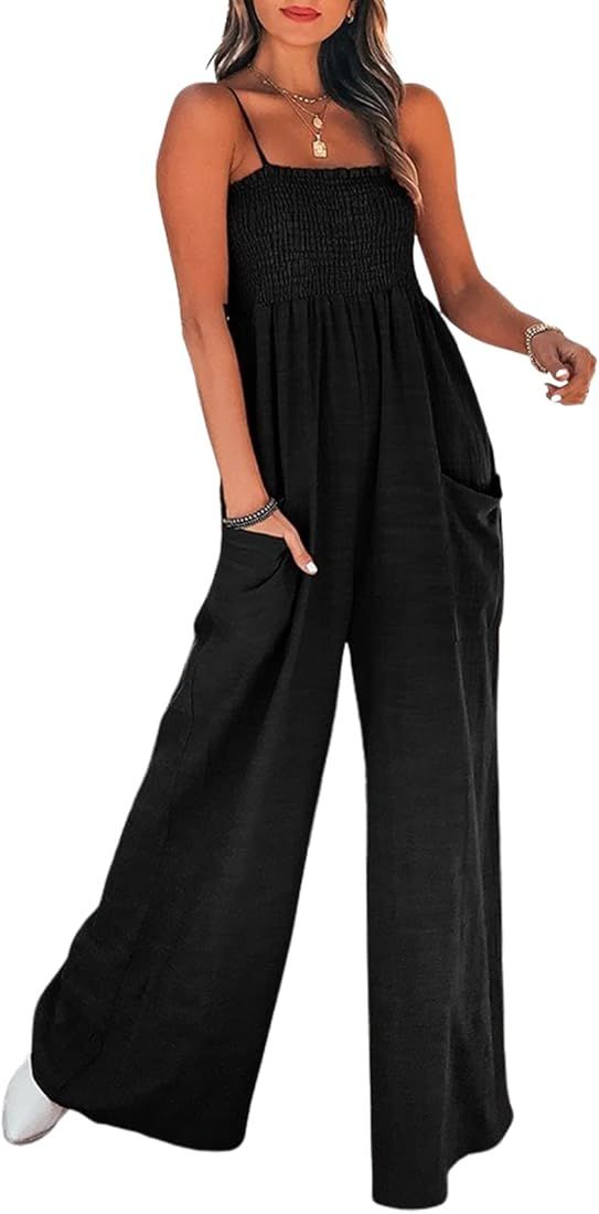 CUPSHE Summer Women Slip Ruching Smocked Jumpsuit Pants Square Neck Speghetti Straps Loose Waiste... | Amazon (US)