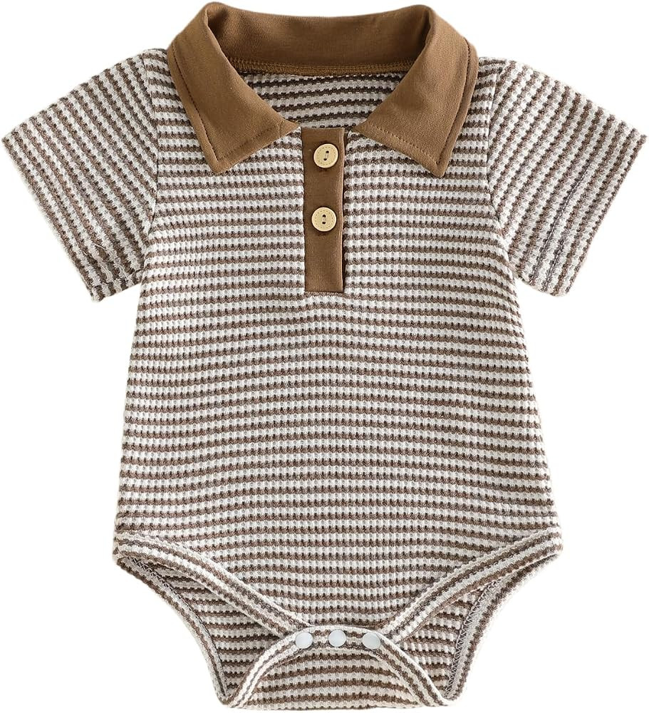 VISGOGO Baby Boy Striped Romper Waffle Short Sleeve Button Oversized Bodysuit Summer Baby Collare... | Amazon (US)