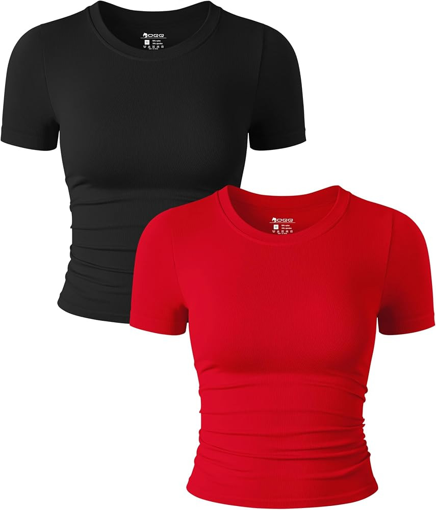 OQQ Womens 2 Piece Shirts Short Sleeve Crew Neck Ruched Stretch Fitted Tee Shirts Crop Tops | Amazon (US)