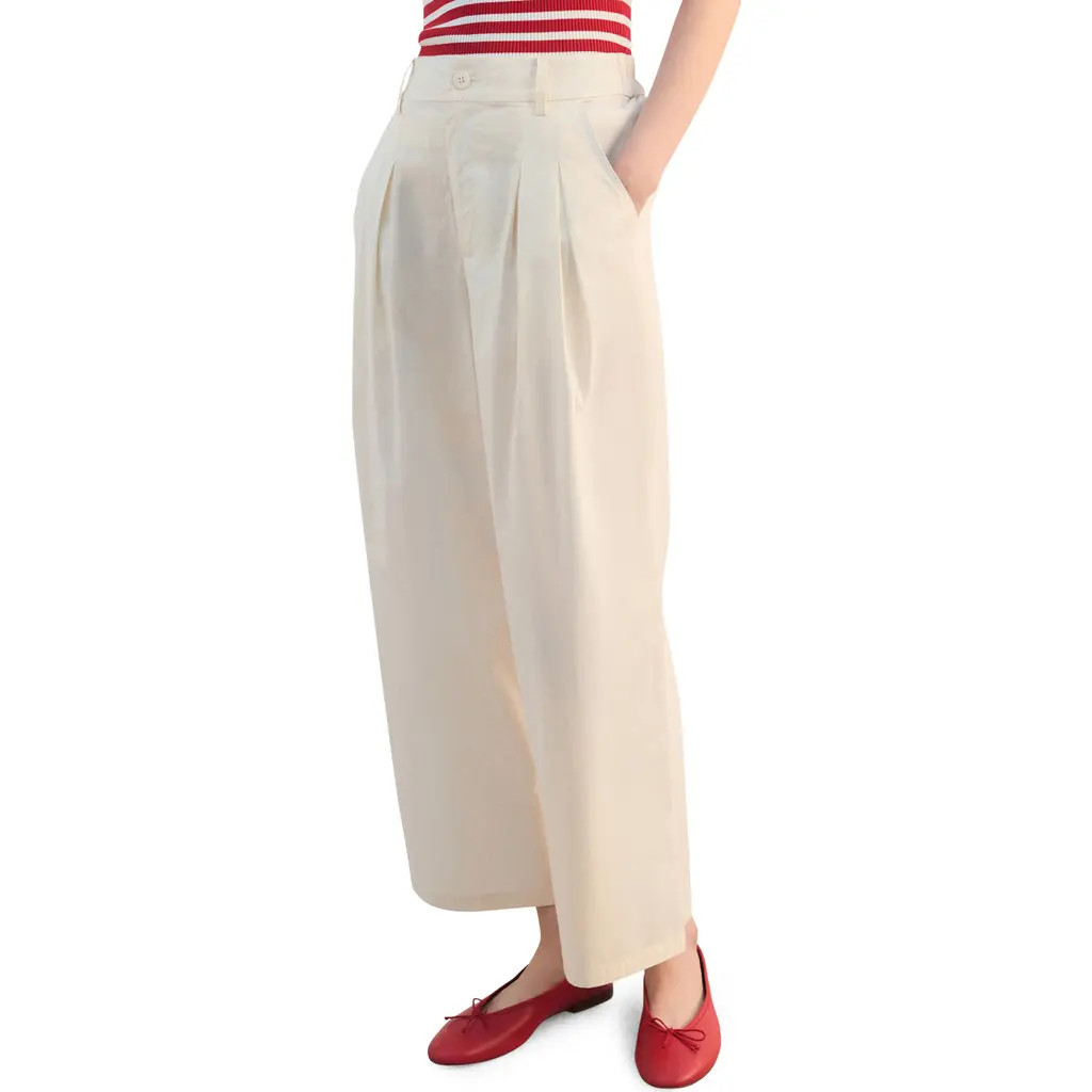 MANGO Pleated High Waist Crop Wide Leg Cotton Pants in Pastel Yellow at Nordstrom, Size Large | Nordstrom