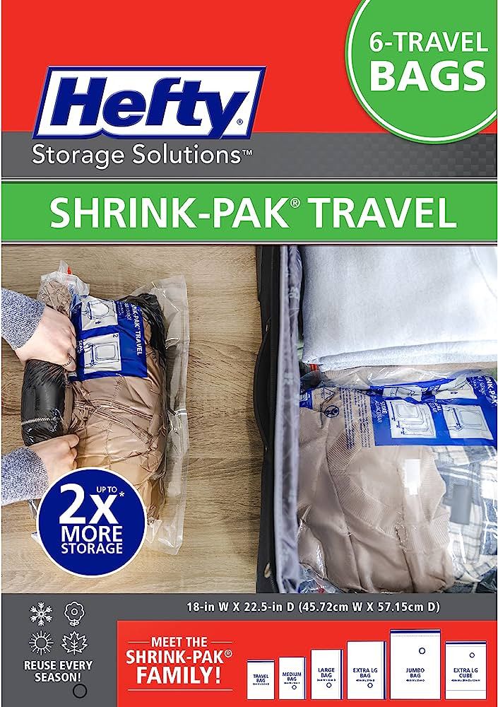Hefty Shrink-Pak: 6 Large Travel Vacuum Storage Bags - Travel Essentials - Closet Organizer Space... | Amazon (US)