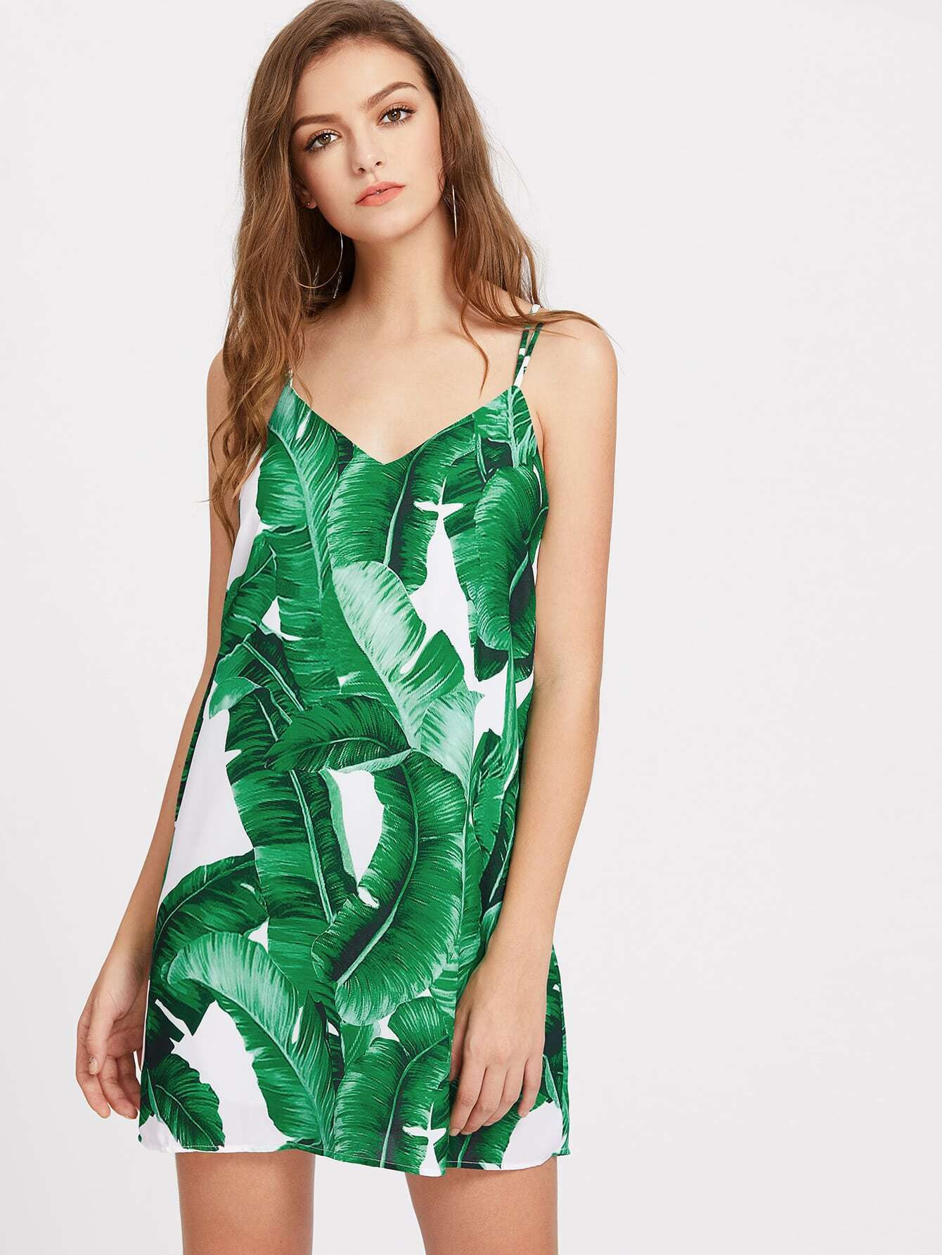 Palm Leaf Print Strappy Back Slip Dress | ROMWE
