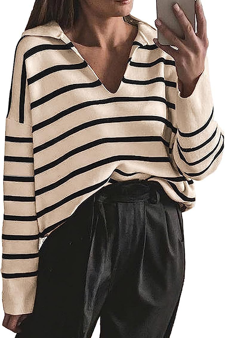 CFLONGE Women's Casual Striped Long Sleeve Polo V Neck Pullover Sweater Loose Fit Drop Shoulder Knit | Amazon (US)