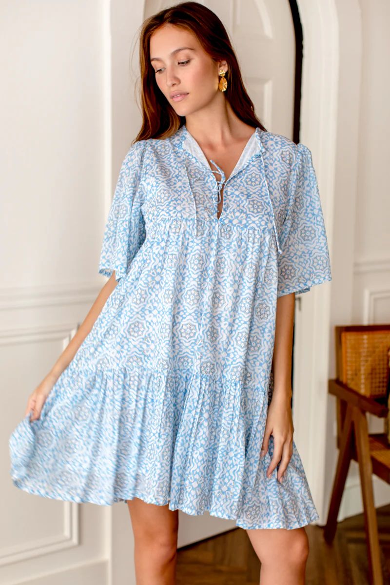 Isla Dress - Geo Flower Blue Organic | Emerson Fry