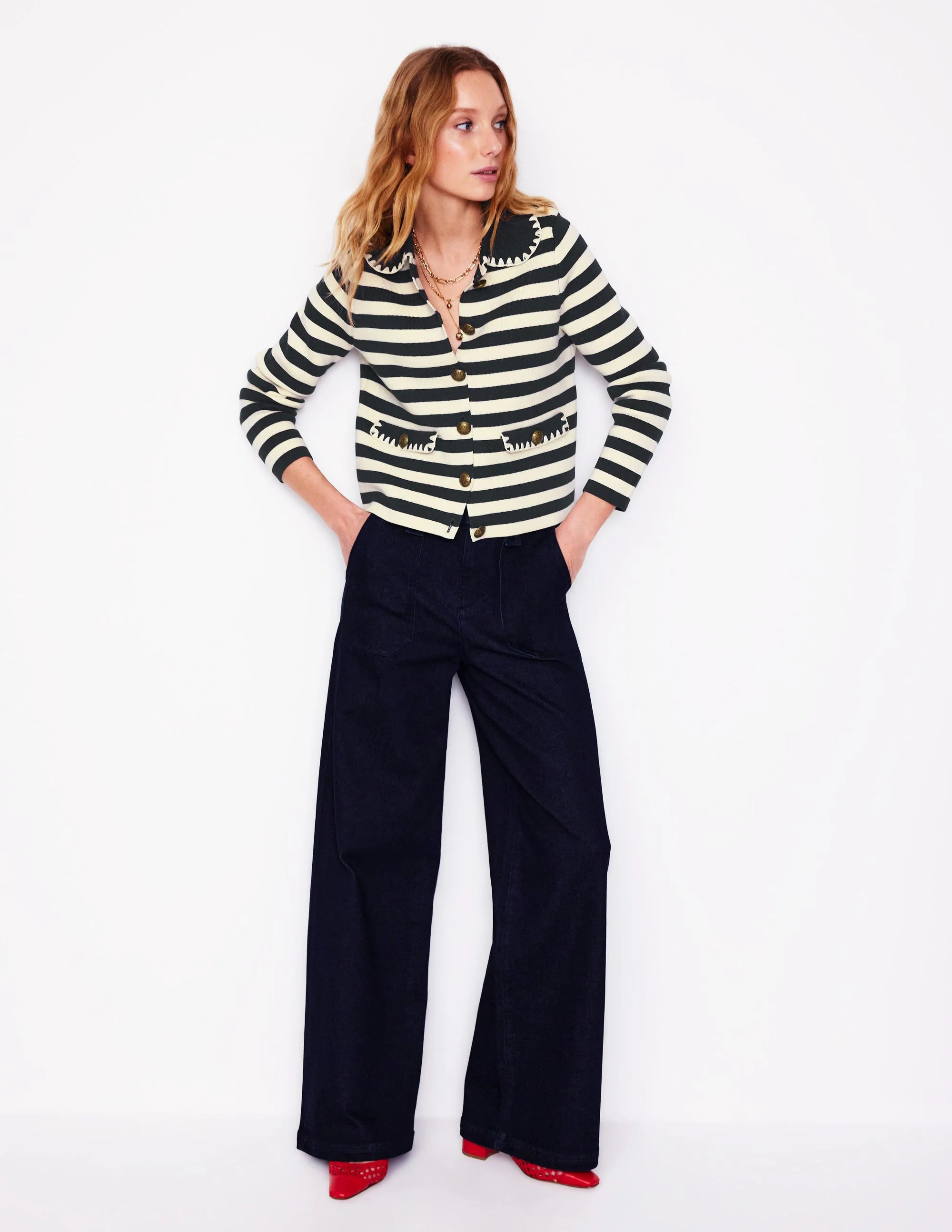 Holly Collared Knitted Jacket-Navy/ Ivory | Boden (US)