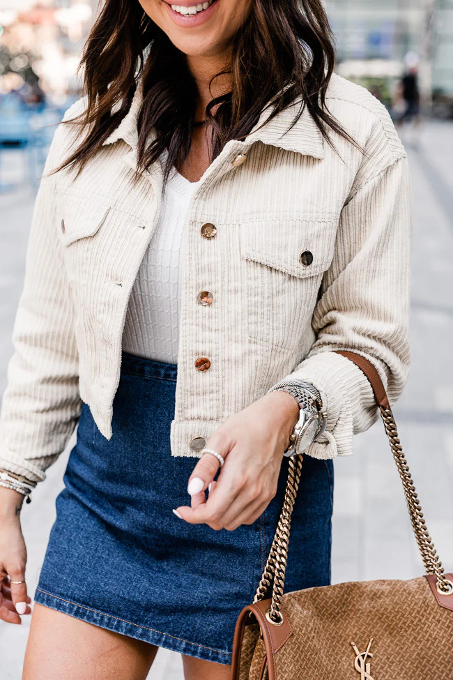 LIVING MY BEST STYLE X PINK LILY Fenway Embroidered Collar Cord Beige Jacket | The Pink Lily Boutique
